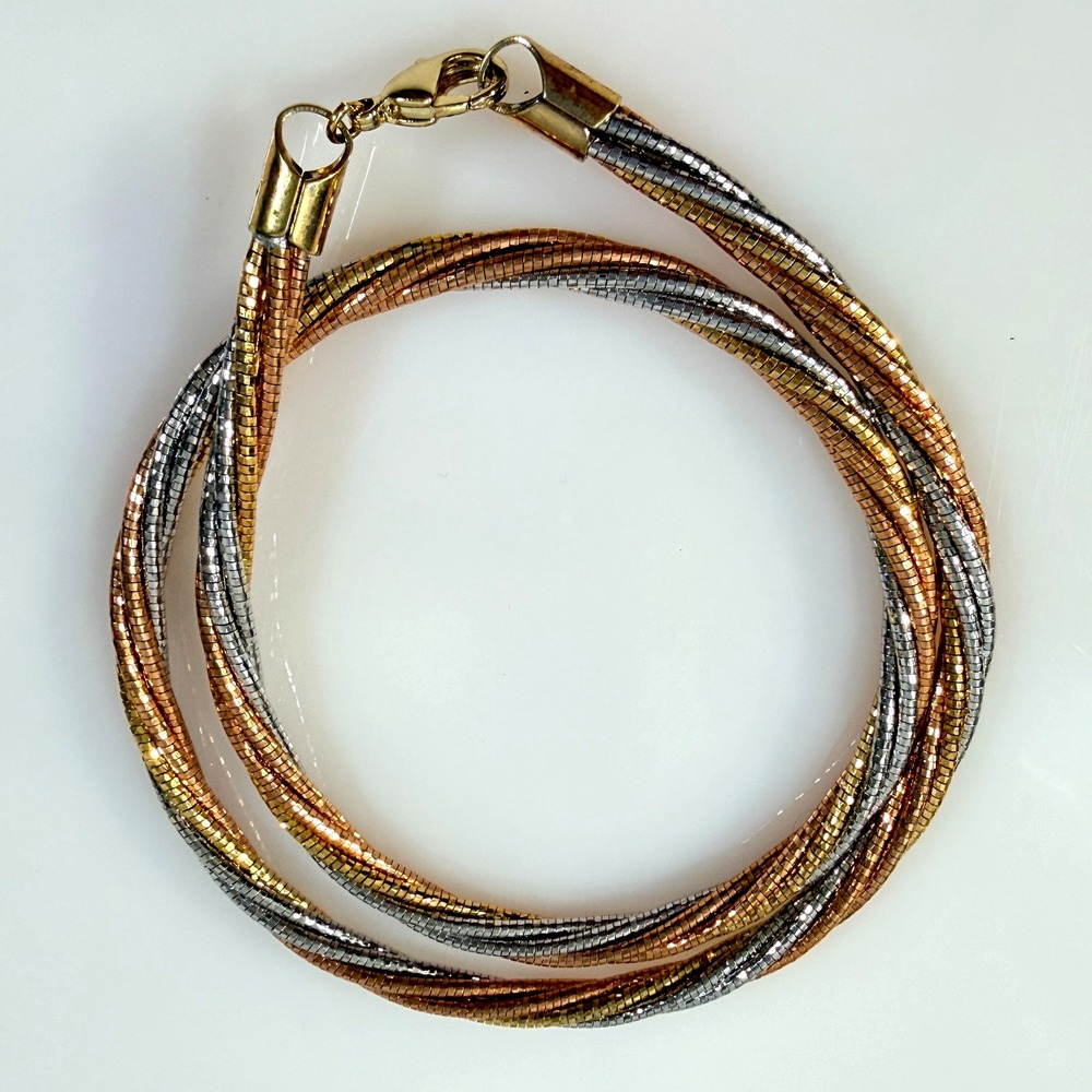 Vintage Tri Color Necklace Multi Strand Snake Chain Gold Silver Rose Tones 16"